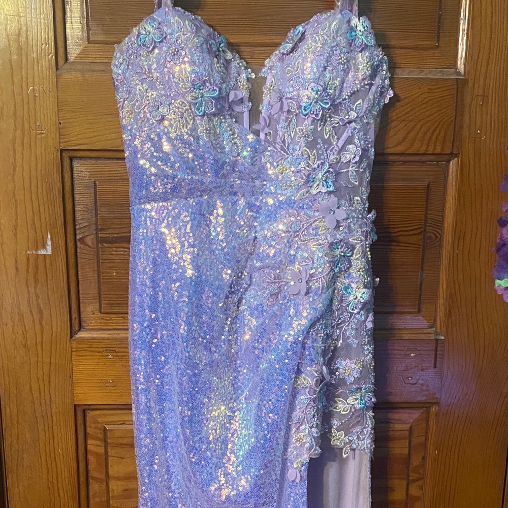 Iridescent Sequin prom dress with Floral Details